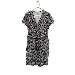 Talbots Womens Faux Wrap Dress Medium Black White Chevron V-Neck Knit